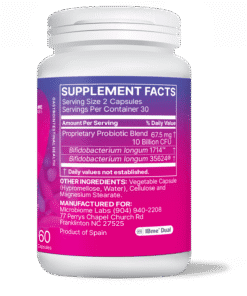 Supplement facts for probiotic blend with 10 billion CFU per serving, 60 capsules, product of Spain by Microbiome Labs.