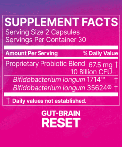 Supplement facts showing proprietary probiotic blend with 67.5 mg and 10 billion CFU per serving, 30 servings per container.