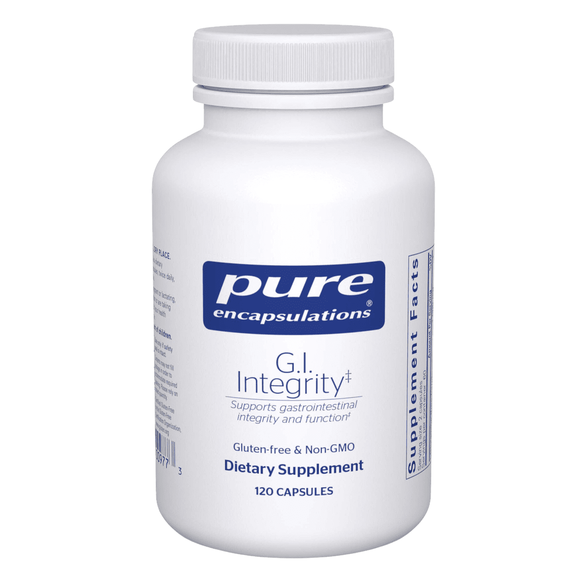 Bottle of Pure Encapsulations G.I. Integrity dietary supplement with 120 gluten-free and non-GMO capsules.