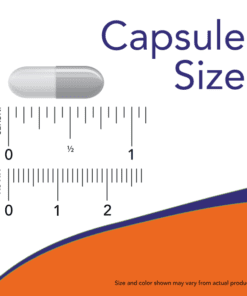 Gray and white capsule pill above rulers showing size in inches and millimeters with text 