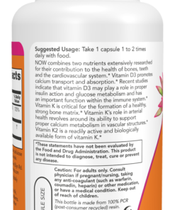 Supplement bottle label detailing suggested usage, nutritional benefits of vitamins D3 and K2, caution for adults only, and barcode.