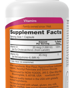 Vitamin D and K2 supplement facts label showing 25 mcg Vitamin D and 45 mcg Vitamin K2 per capsule with other ingredients and storage instructions.