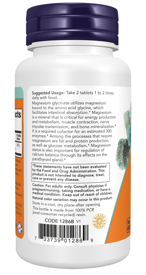 Bottle label showing magnesium glycineate supplement facts, suggested usage, caution, and barcode details.