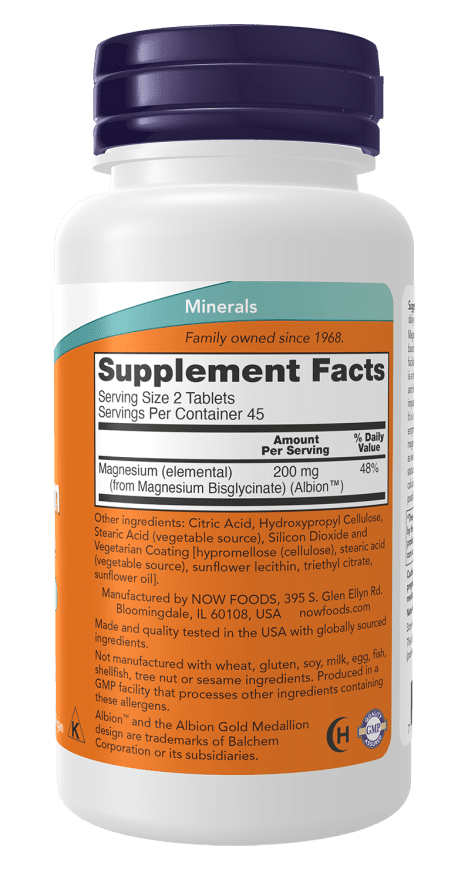 Bottle of magnesium bisglycinate supplement with supplement facts and ingredient list on label.