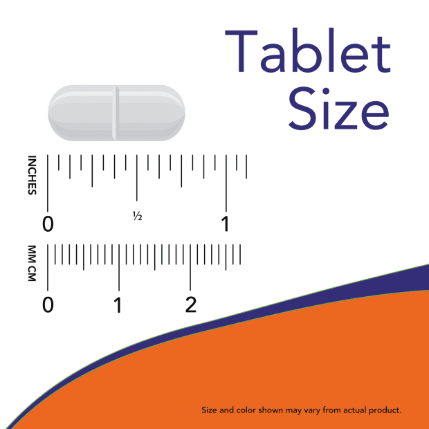 White capsule-shaped tablet next to rulers showing its size as about 1 inch or 2.5 cm long with text "Tablet Size" and a disclaimer about size and color variation.