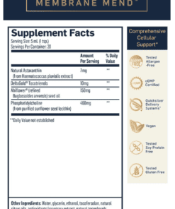 Supplement facts for Membrane Mend showing natural astaxanthin, deltaGold tocotrienols, Ahiflower seed oil, phosphatidylcholine, and allergen-free certifications.