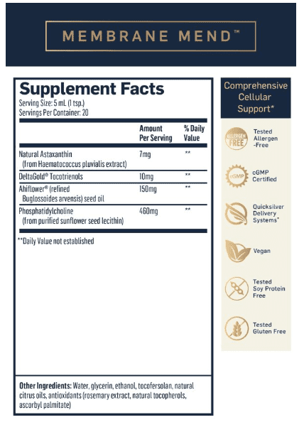 Supplement facts for Membrane Mend showing natural astaxanthin, deltaGold tocotrienols, Ahiflower seed oil, phosphatidylcholine, and allergen-free certifications.
