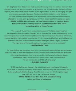 Back cover of a book titled The Longevity Nutrient with quotes praising its groundbreaking discovery about aging, nutrition, and health benefits.
