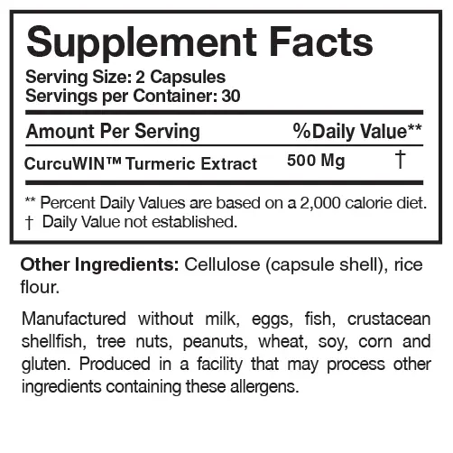 Supplement Facts label showing turmeric extract content of 500 mg per 2-capsule serving with allergy information and other ingredients.