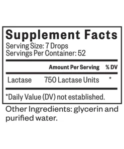 Supplement facts for lactase drops with 750 lactase units per 7-drop serving and glycerin and purified water as other ingredients.