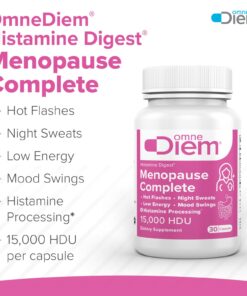 Bottle of OmneDiem Histamine Digest Menopause Complete dietary supplement with benefits including hot flashes, night sweats, low energy, mood swings, and histamine processing.