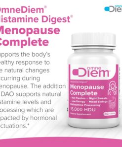 Bottle of OmneDiem Histamine Digest Menopause Complete dietary supplement with pink label and text describing its support for natural histamine levels and hormonal changes during menopause.