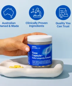 Hand holding a jar of Melrose FutureLab Time Capsule Daily Longevity Complex supplements on a white tray with yellow capsules and icons highlighting Australian owned, clinically proven ingredients, and quality assurance.