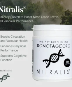 White Nitralis dietary supplement container with DNA strand graphic and text promoting circulation, vascular health, physical performance, and cognitive function.