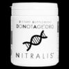White container labeled "Dietary Supplement DONOTAGE.ORG" with a black DNA helix graphic and the word "NITRALIS" beneath it.