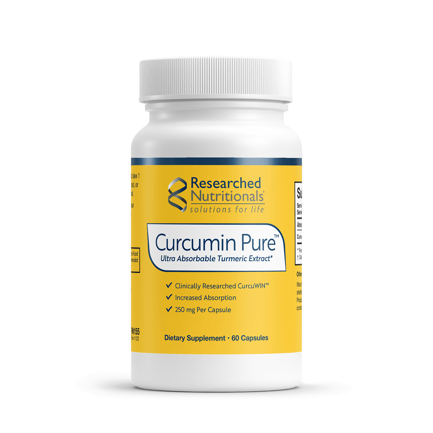 Bottle of Curcumin Pure dietary supplement by Researched Nutritionals, containing 60 capsules of turmeric extract