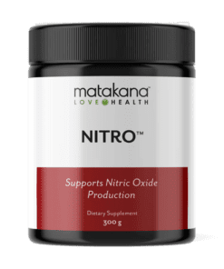 Black-lidded jar of Matakana Nitro dietary supplement supporting nitric oxide production with 300g net weight.