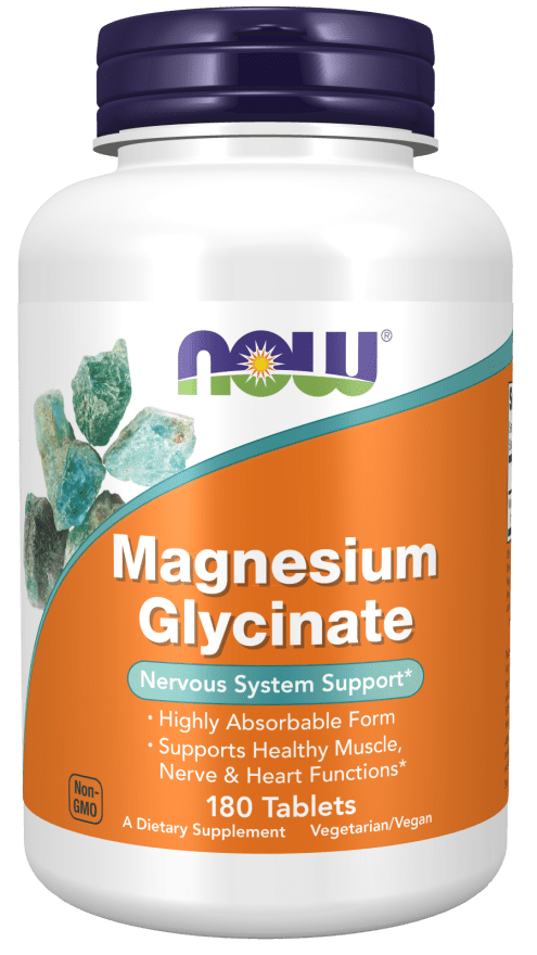 Bottle of NOW Magnesium Glycinate dietary supplement with nervous system support, 180 tablets, non-GMO, vegetarian/vegan.