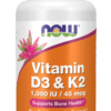 Bottle of NOW brand Vitamin D3 and K2 supplement with 120 capsules, supporting bone and cardiovascular health.