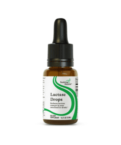 Small brown bottle with a black dropper cap labeled Lactase Drops dietary supplement for reducing lactose in food or drink.