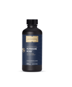 Black bottle of Quicksilver Scientific Membrane Mend dietary supplement with blue and gold label on a white background.