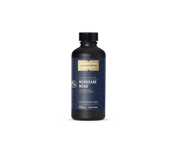 Black bottle of Quicksilver Scientific Membrane Mend dietary supplement with blue and gold label on a white background.