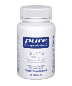 Bottle of Pure Encapsulations Taurine dietary supplement, 500 mg, gluten-free, non-GMO, hypoallergenic, 60 capsules.