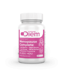 Supplement bottle labeled Omne Diem Menopause Complete for hot flashes, night sweats, low energy, mood swings, with 15,000 HDU, 30 capsules.