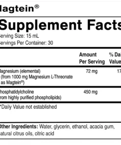 Supplement facts for Magtein showing 15 mL serving with 72 mg magnesium (17% daily value) and 450 mg phosphatidylcholine.