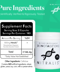 Bottle of Nitralis dietary supplement with label showing 800 mg of fermented beet, magnesium ascorbate, and epimedium extract per serving of 2 capsules, no artificial ingredients.