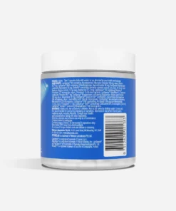 Back of a supplement bottle with dosage instructions, ingredients list, warnings, and a barcode on a blue label.