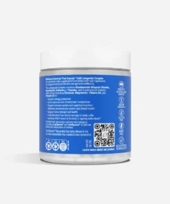 Supplement jar label describing Melrose FutureLab Time Capsule Daily Longevity Complex with ingredients, benefits, recycling info, and QR code.