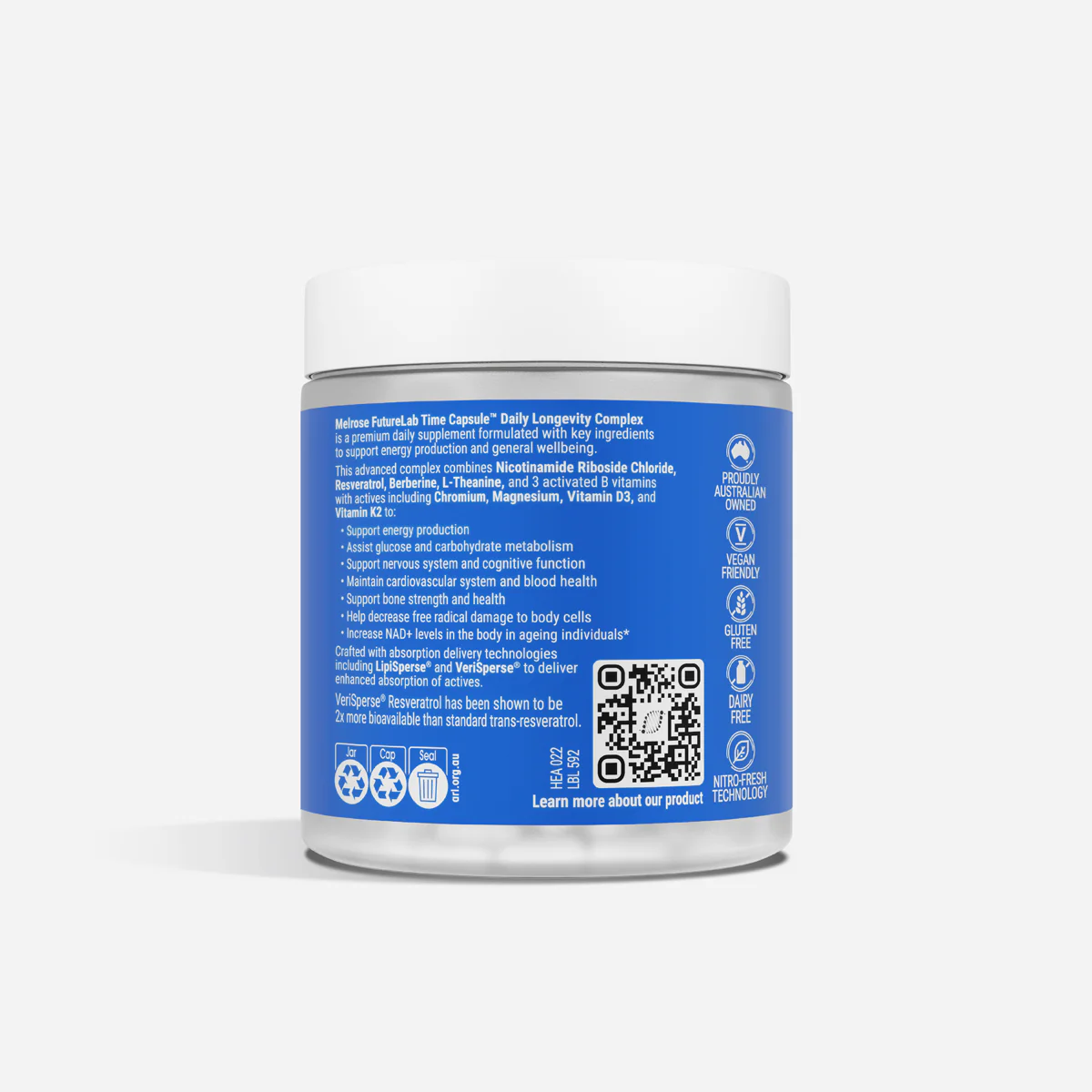 Supplement jar label describing Melrose FutureLab Time Capsule Daily Longevity Complex with ingredients, benefits, recycling info, and QR code.