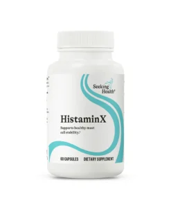 White bottle of Seeking Health HistaminX dietary supplement with 60 capsules, supporting healthy mast cell stability.