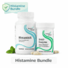 Two white supplement bottles labeled HistaminX and DAO Enzyme with capsules and a mint leaf, marked as a Histamine Bundle