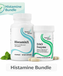 Two white supplement bottles labeled HistaminX and DAO Enzyme with capsules and a mint leaf, marked as a Histamine Bundle