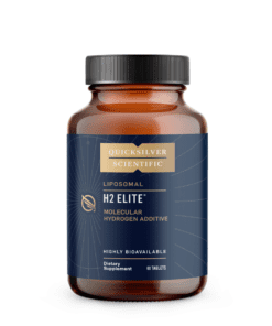Amber bottle with black cap containing Quicksilver Scientific Liposomal H2 Elite molecular hydrogen additive dietary supplement, 60 tablets.