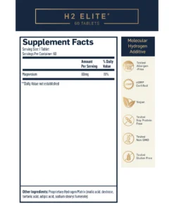 Supplement facts for H2 Elite 60 tablets showing 80mg magnesium per serving, allergen-free, cGMP certified, vegan, soy protein free, non-GMO, gluten free.