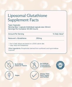 Liposomal Glutathione supplement facts showing 250mg reduced L-Glutathione per capsule, vegan, no artificial colors or preservatives, GMP certified.