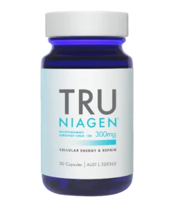 Bottle of Tru Niagen 300mg capsules labeled for cellular energy and repair with 30 capsules inside.