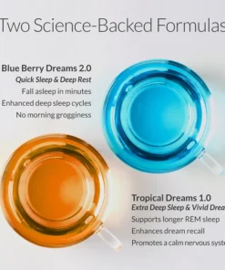 Two science-backed formulas with tea cups: Blue Berry Dreams 2.0 for quick sleep and deep rest, and Tropical Dreams 1.0 for extra deep sleep and vivid dreams.