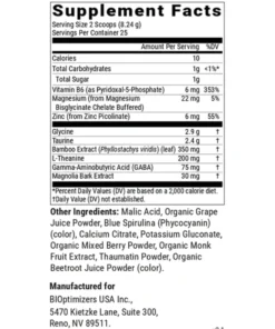 Supplement facts detailing serving size, calories, vitamins, minerals, amino acids, extracts, and other ingredients for BIOptimizers USA Inc. product.