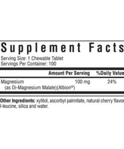 Supplement Facts label showing 1 chewable tablet serving with 100 mg magnesium (24% daily value) plus other ingredients including xylitol and natural cherry flavor.