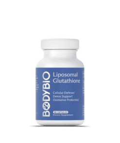 Bottle of BodyBio Liposomal Glutathione dietary supplement with 60 capsules for cellular defense, detox support, and oxidative protection.
