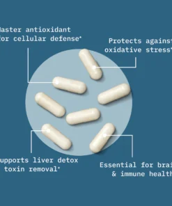 White supplement capsules with text highlighting antioxidant, cellular defense, oxidative stress protection, liver detox, toxin removal, and brain and immune health benefits.