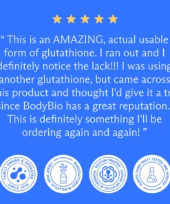 Five-star review praising BodyBio glutathione as effective and reputable with family-owned, NJ-made, doctor-trusted, third-party tested badges below.