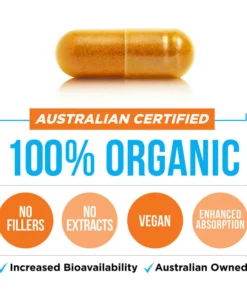 Brown capsule pill above text stating "Australian Certified 100% Organic" with features: no fillers, no extracts, vegan, enhanced absorption, increased bioavailability, Australian owned.