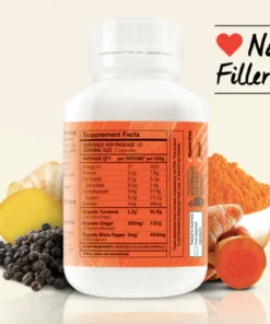 Supplement facts label on a white bottle with turmeric, ginger, and black pepper roots and powder, accompanied by a heart icon and 