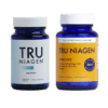 Two blue bottles of Tru Niagen dietary supplements, one labeled "Age Better" and the other "Immune" with vitamins and minerals.