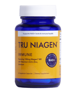 Bottle of Tru Niagen Immune dietary supplement with 30 vegetarian capsules, supporting NAD+ levels and immune health.